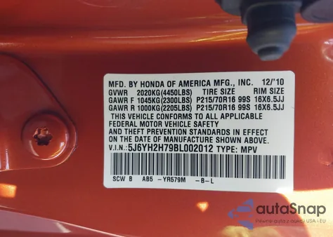 2011 Honda Element Ex z USA, uszkodzony, nr VIN 5J6YH2H79BL002012
